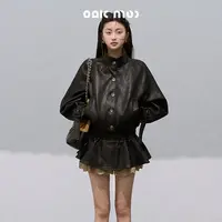 OAKMOO/学院收腰假两件立领皮质外套
