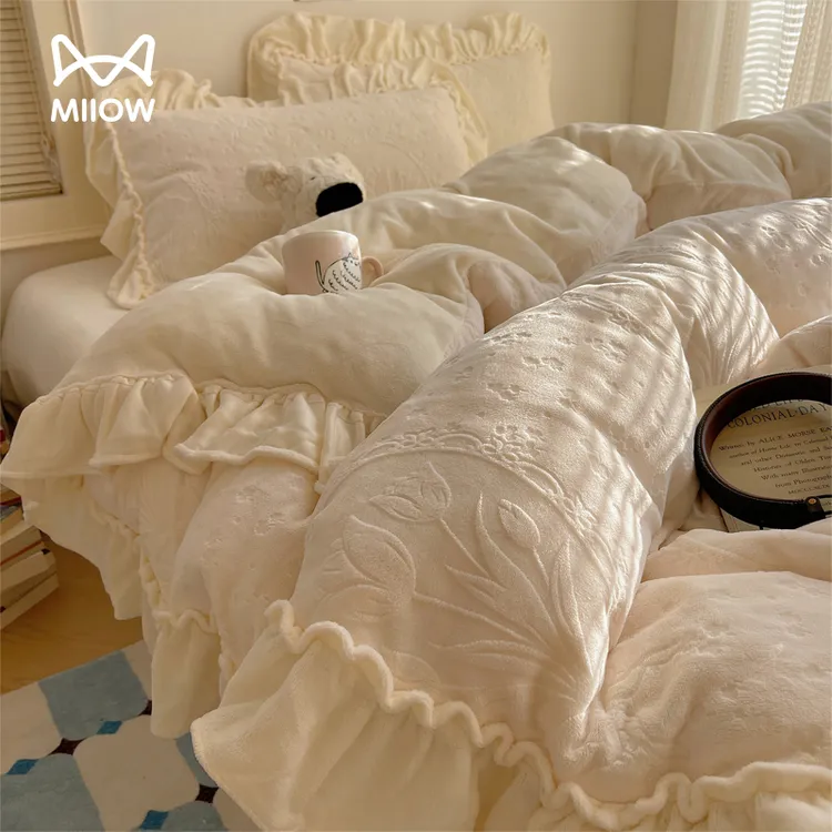 猫人雕花牛奶绒床上四件套双面绒冬季加绒加厚花边被套床单三件套