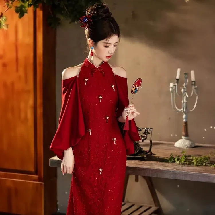 新中式旗袍敬酒服2025新款高级感酒红色晨袍女新娘订婚结婚礼服裙