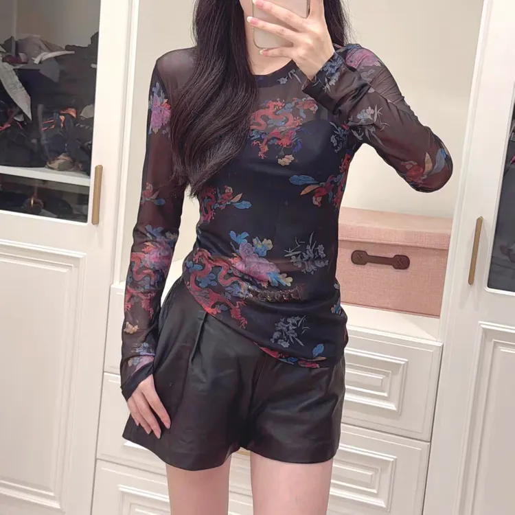 国风薄款龙戏花长袖网纱双层印花小衫女修身显瘦小众打底衫早秋款