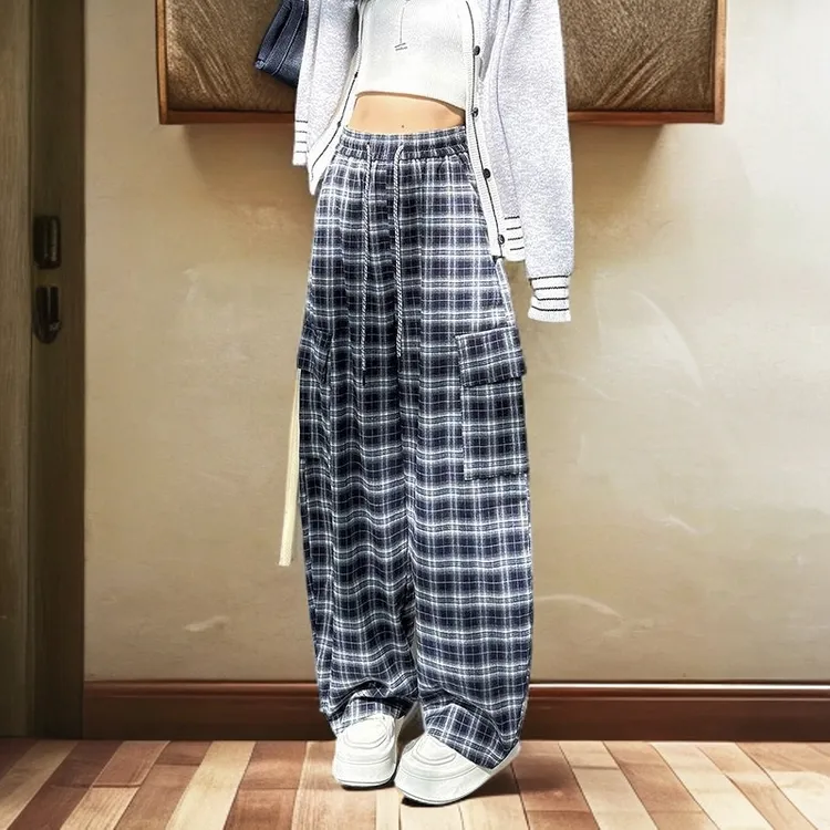 2025年新款裤子磨毛格子工装裤男女款秋松紧腰休闲裤抽绳阔腿裤