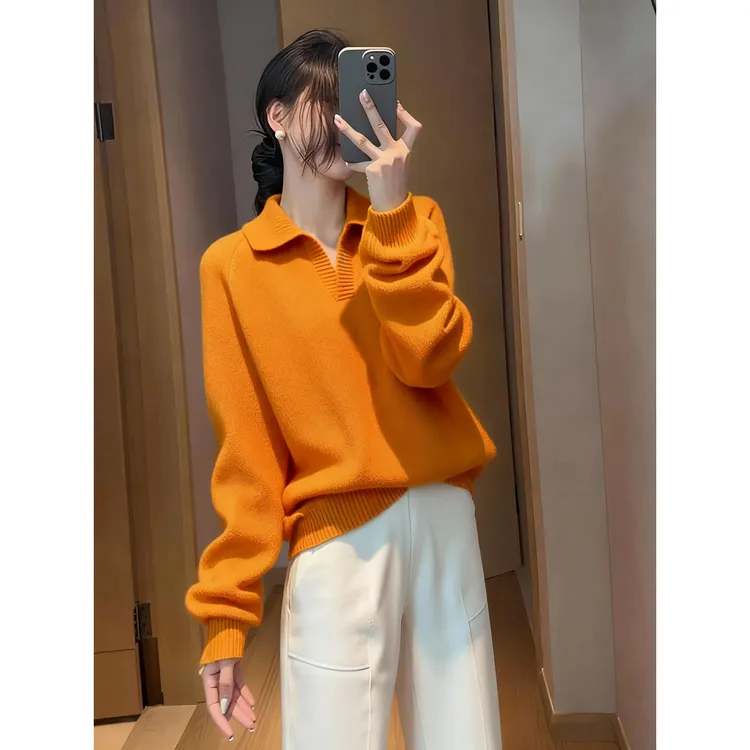 极简中性风宽松日常通勤风慵懒松弛感POLO领橘黄上衣女2025冬毛衣