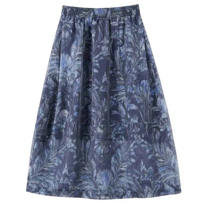 【琉璃鸢尾花】天丝亚麻印花裙 琉璃光泽花苞裙 洋气显瘦半身裙