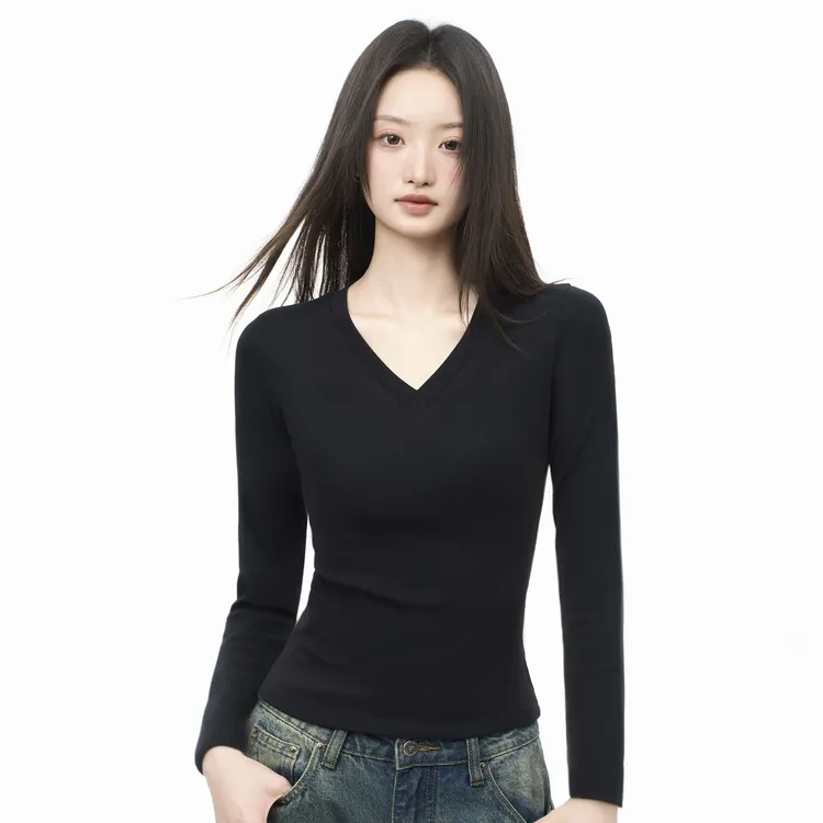 黑色正肩v领长袖t恤女秋季修身紧身内搭打底衫舒适上衣2025新款