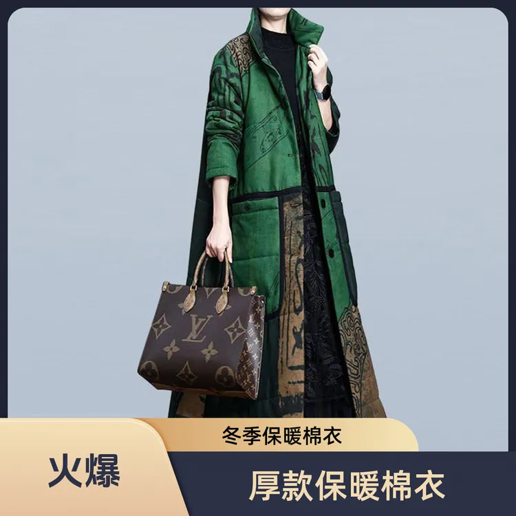 中长款民族风印花保暖常规拼接宽松型棉服棉衣复古显瘦宽松冬季