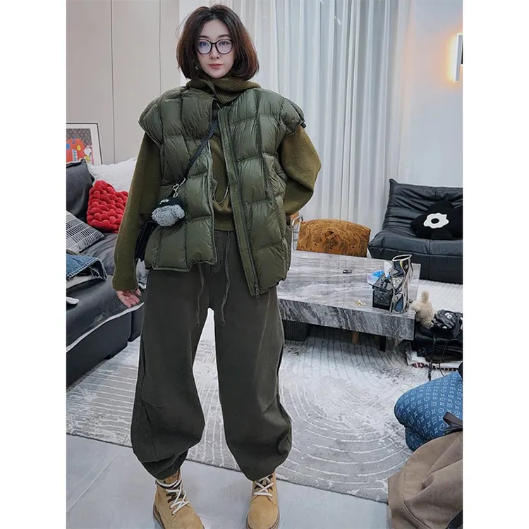 欧洲站2025冬季新款韩版百搭宽松拉链羽绒马甲高腰加绒卫裤两件套