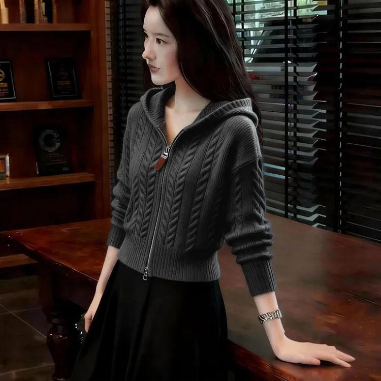 慵懒风韩版针织连帽衫女秋冬新款拉链开衫麻花纹时尚软糯毛衣上衣