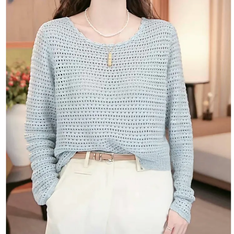 慵懒风镂空设计感长袖针织衫女2025春季新款韩系宽松显瘦纯色上衣