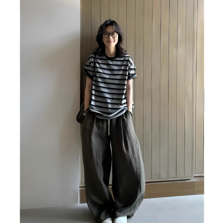 日系复古松弛感宽松两件套女2025早秋条纹落肩圆领上衣直筒休闲裤