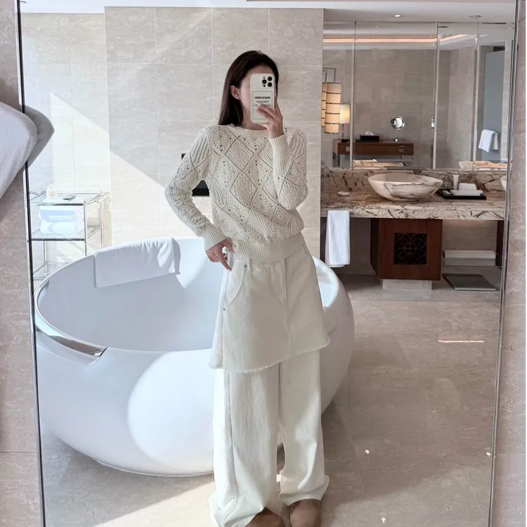 韩系钩花镂空宽松圆领针织衫气质纯欲毛衣女秋冬假两件休闲裤套装