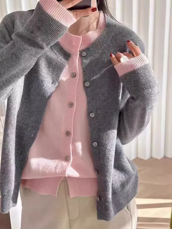 秋冬100%纯羊毛开衫女时尚圆领拼色假两件上衣宽松百搭外套DJ2427