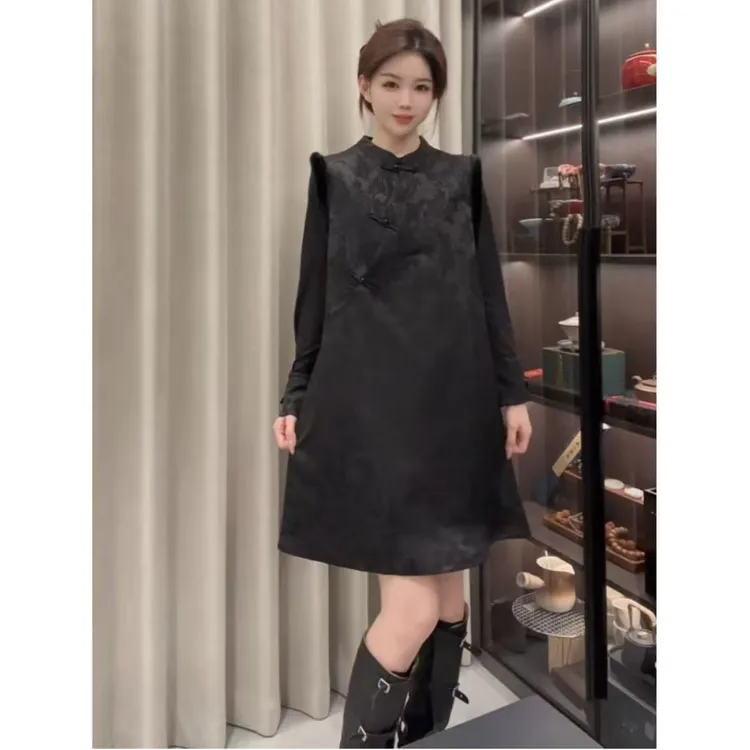 新款立领国风打底斜襟提花砍袖连衣裙两件套秋冬加绒款