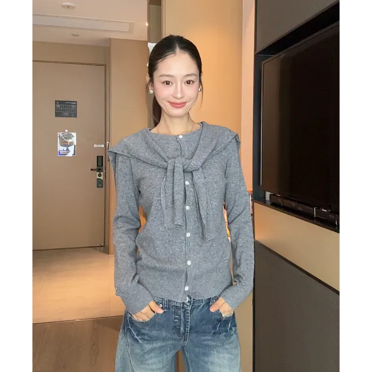 【部分现】假两件设计披肩多色软糯毛衣圆领针织开衫女HM1507