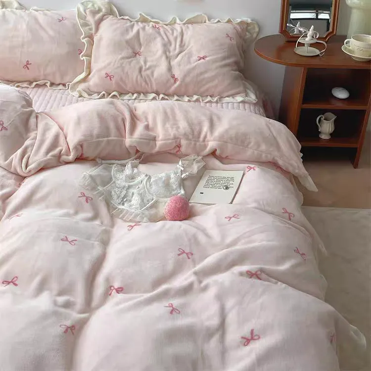 公主风牛奶绒四件套冬季双面加绒加厚床盖款三件套保暖床上用品