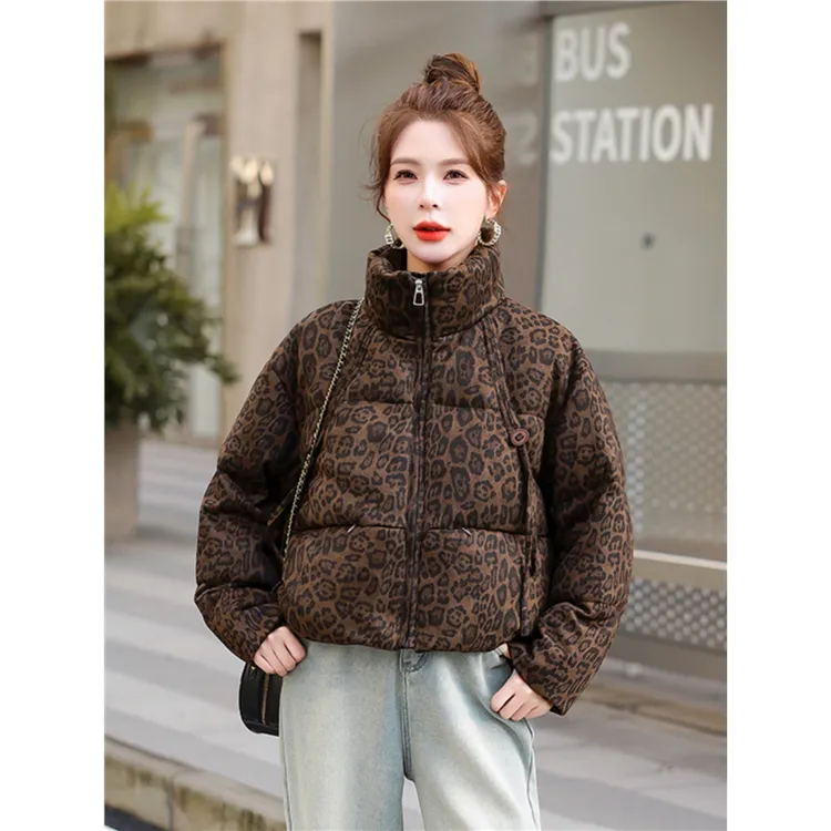 豹纹立领短款羽绒服女冬季2025新款小个子百搭宽松加厚保暖面包服