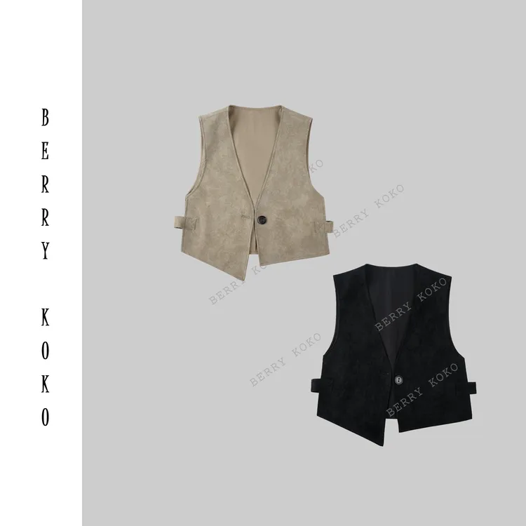 【MISSKO】早秋款百搭复古洗水做旧擦色蛋白质丝绒皮马甲女J15