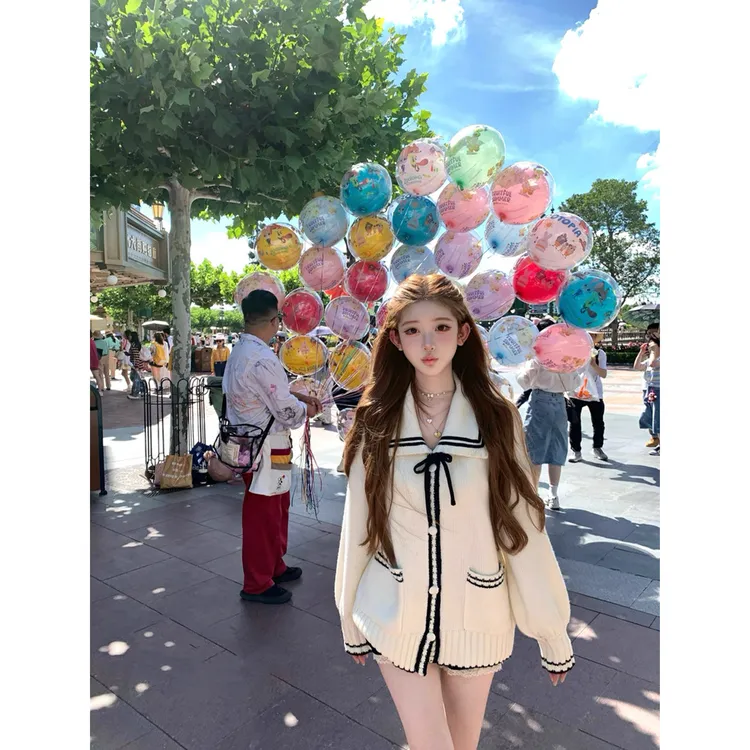 海军风系带翻领针织开衫+短款小众白色花边娃娃领连衣裙Z  9354#