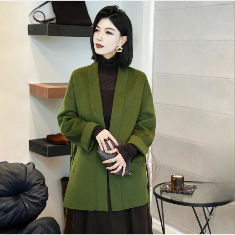 POPULARYW【森蔚】气质系带中长款宽松开衫毛呢外套