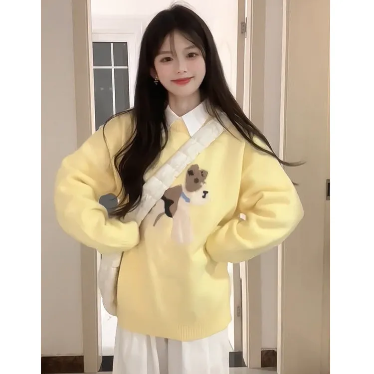 国潮牌秋冬新款针织衫女休闲宽松时尚毛绒小狗提花毛衣慵懒风上衣