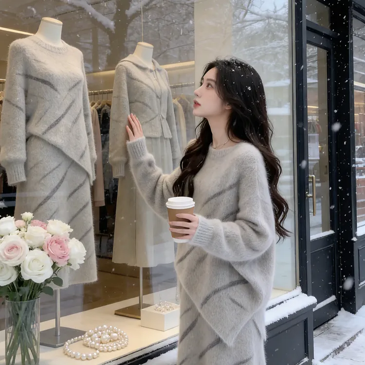 高级感轻熟温柔风显瘦气质针织衫女秋冬新款时尚休闲半身裙一整套