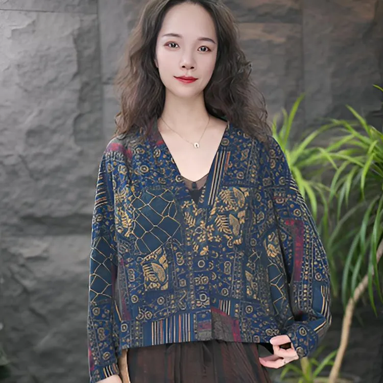 JJ女常规款薄款长袖厚款秋季短外套印花开衫上衣显瘦文艺民族风