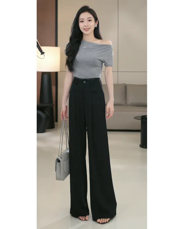 MUMU【秘境物语】夏季黑色高腰直筒阔腿休闲百搭气质显瘦高级休闲裤