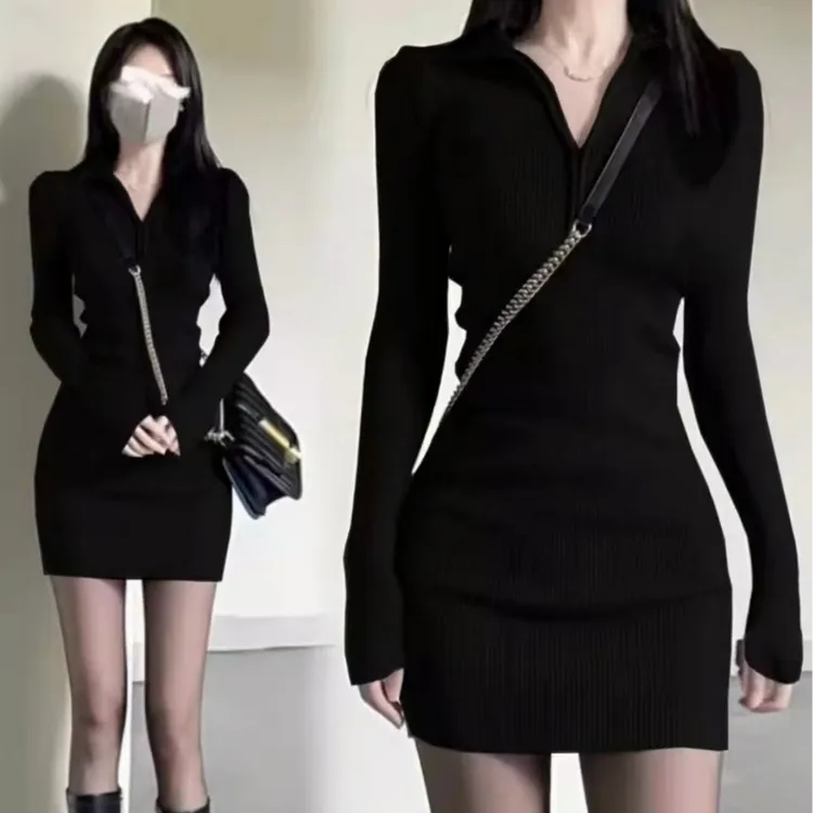 【运费补贴】黑色修身包臀裙长袖连衣裙女2025秋冬内搭辣妹短裙穿搭