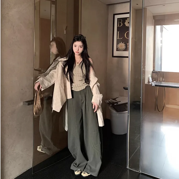 美式复古牛仔裤女2025春季新款阔腿裤宽松拖地长裤直筒裤子
