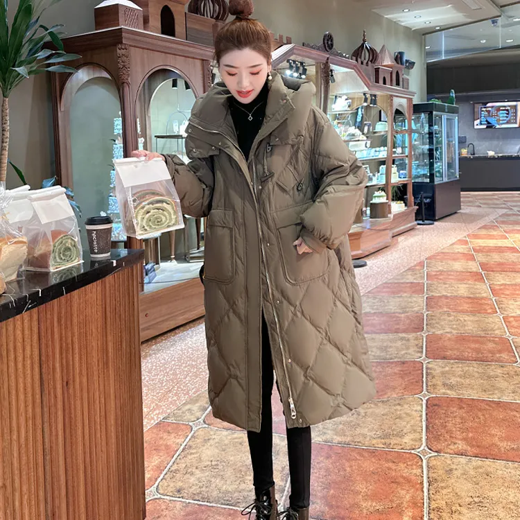 纪诗哲时尚菱形格羽绒服女新款高级感白鸭绒连帽加厚灰色保暖外套