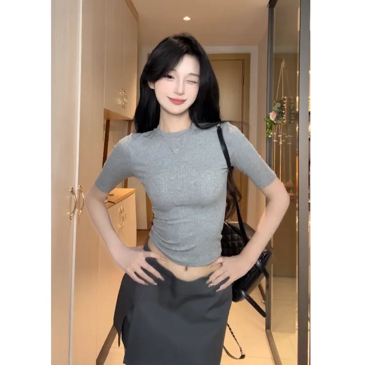 美式辣妹纯色软糯圆领中袖修身正肩T恤竖坑条修身显瘦五分袖上衣