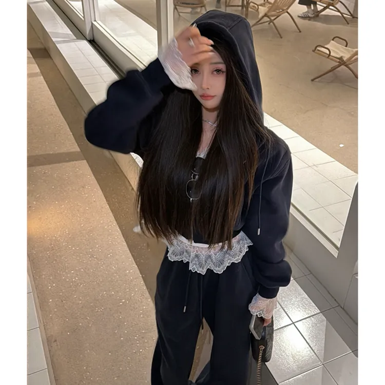  21DEGREES藏蓝色加绒连帽卫衣白色拼接蕾丝打底藏蓝抽绳加绒卫裤