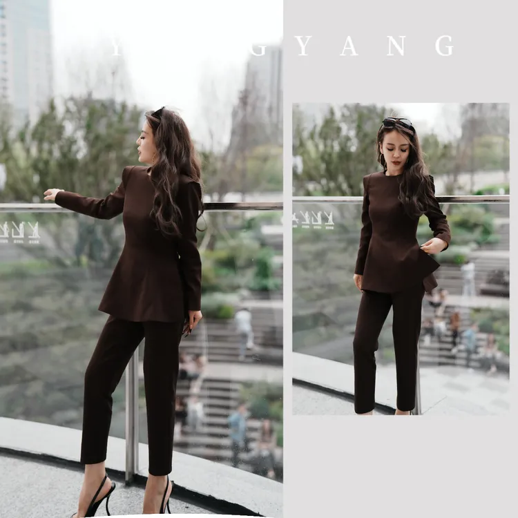 YANGYANG 高级咖时尚洋气长袖收腰上衣搭配小脚裤早秋套装