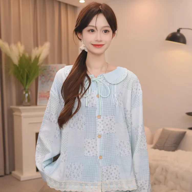 板栗小姐【蓝梦】新款女春秋甜美风高级家居服套装可外穿