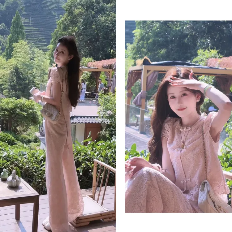 《暗香浮动》优雅 粉色蕾丝华服裤装套装女小众设计时尚高级显瘦潮