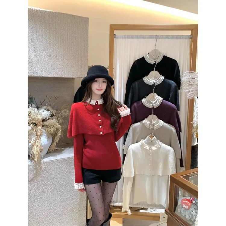 高级感斗篷披肩长袖针织衫新款显瘦上衣修身显瘦针织衫套装I6-82