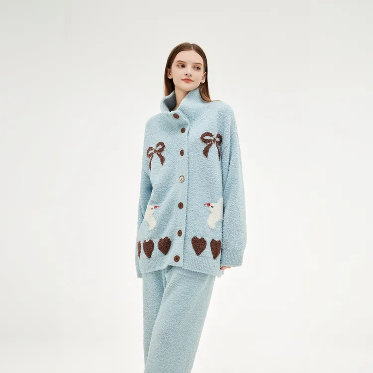 半边绒蓝色秋冬服装家居服睡衣套装秋冬加厚加绒翻领开衫宽松