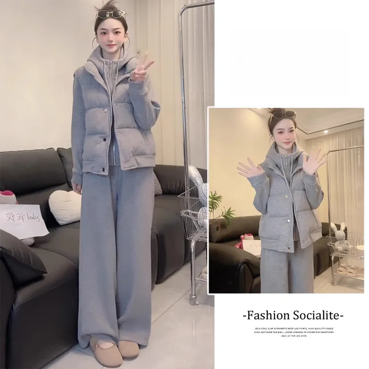 拉夏贝尔休闲套装女2025冬季新款棉马甲加绒连帽卫衣阔腿裤三件套