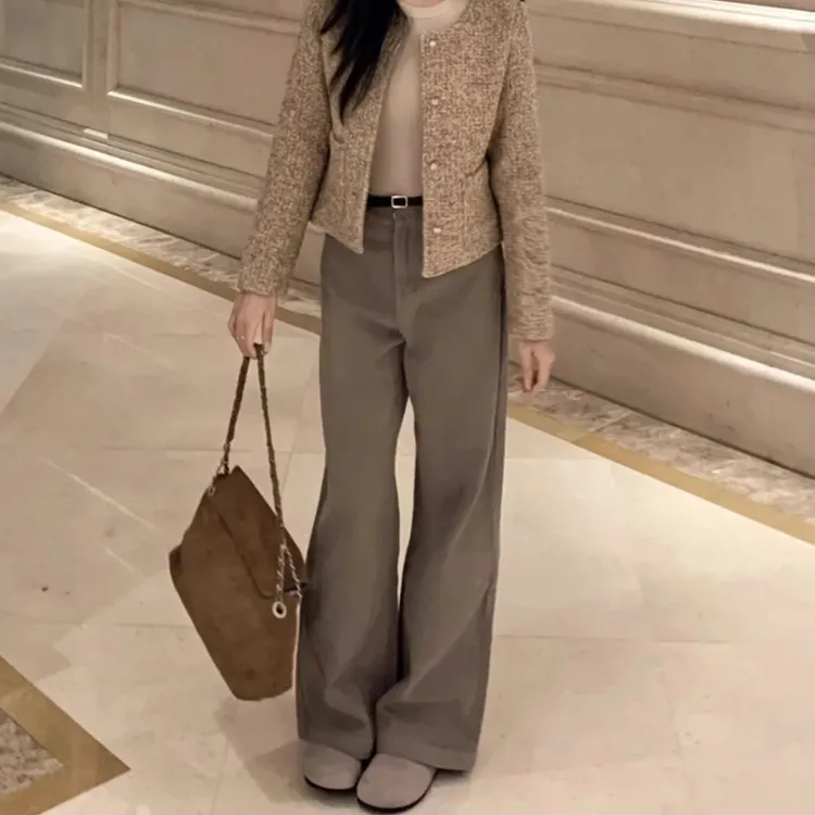 拉夏贝尔卡其色高腰牛仔裤显瘦穿搭小个子女装宽松直筒拖地阔腿裤