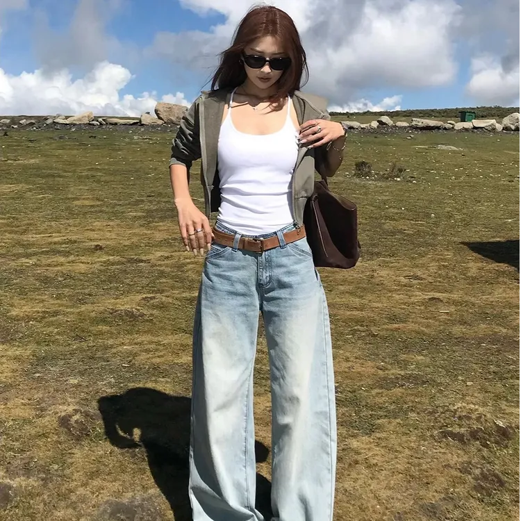 早秋时尚套装气质外套长袖百搭吊带高腰显瘦宽松垂感拖地牛仔裤潮