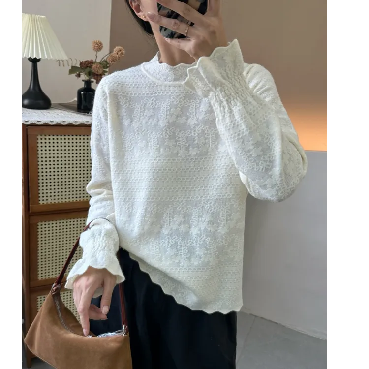 花边寸领加厚小花朵蕾丝打底衫别致长袖针织衫宽松显瘦上衣半高领