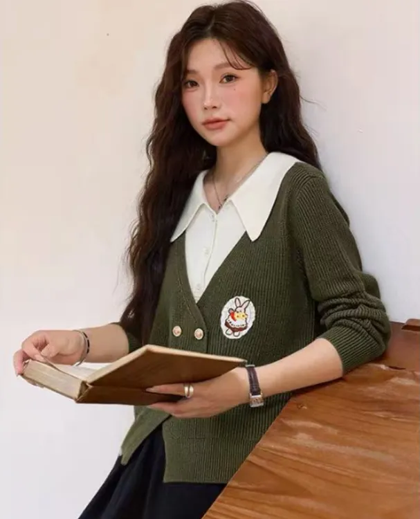 2025秋季新款设计感绿色针织衫假两件宽松显瘦气质时尚上衣女763