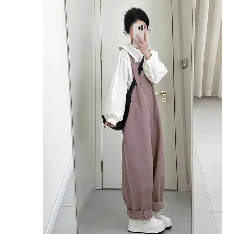 AMI.FS  2025春秋新款宽松显瘦长袖衬衫背带裤洋气减龄高级感套装