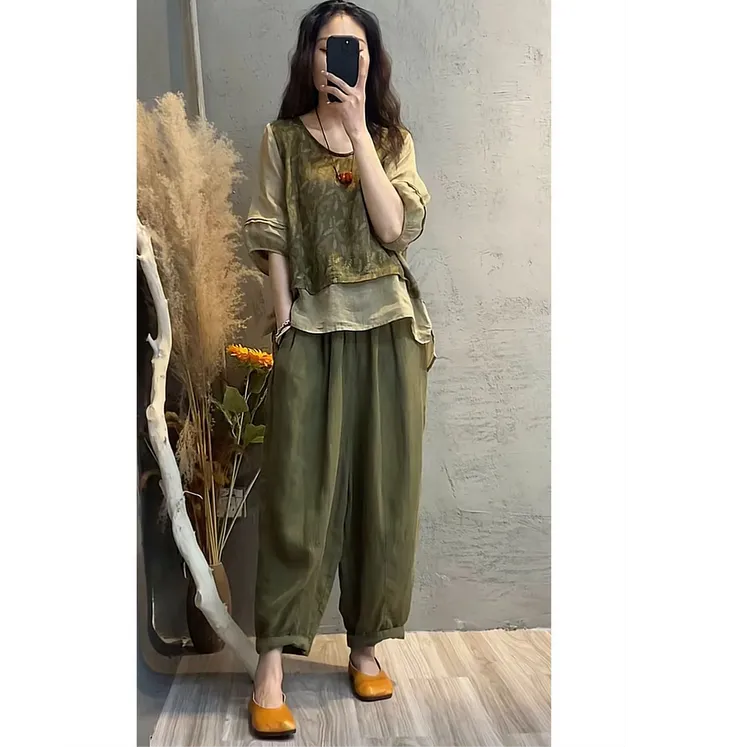 时尚麻料套装女2025夏季新款印花拼接上衣哈伦裤休闲显瘦两件套