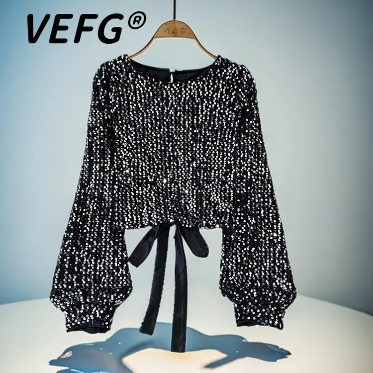 VEFG欧美时尚亮片T恤秋冬丝绒露背蝴蝶结系带休闲洋气圆领上衣女