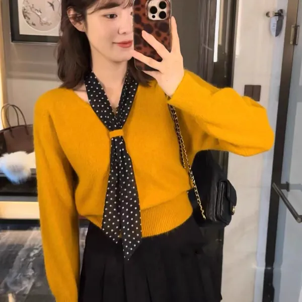 法式气质v领波点丝巾领带套头毛衣针织衫秋冬软糯百搭慵懒风上衣