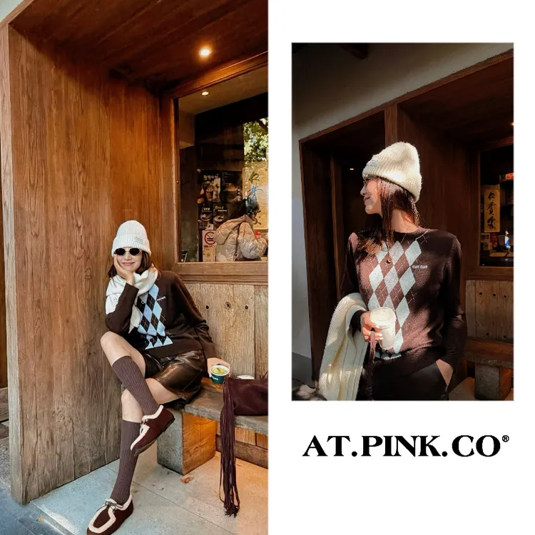 【三三品牌】乌木色羊毛菱形格套头毛衣显瘦秋冬休闲毛衣  FY326