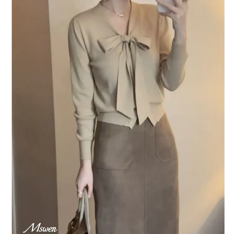 【WENZO2号店】泡芙小姐~秋季时尚气质显瘦V领飘带针织开衫W240716