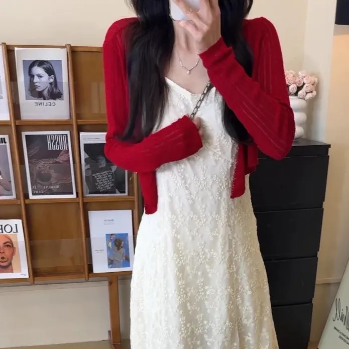 樱桃红针织开衫女小外套气质修身设计显瘦复古长袖连衣裙外搭