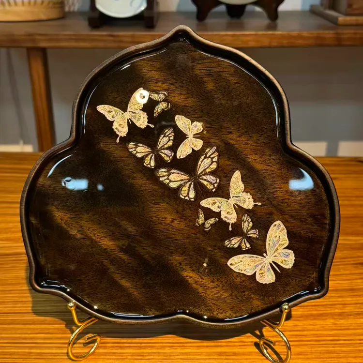 龙福木艺 金丝柚木三桃螺钿壶承 25.25.2cm 