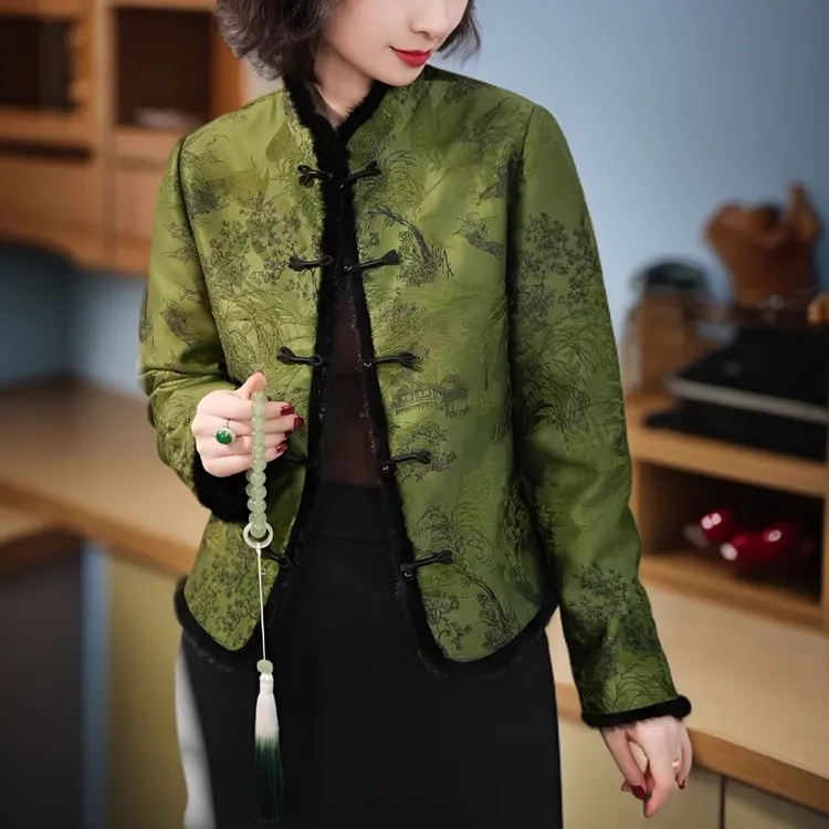 新中式加棉绿色提花女士短外套国风秋季复古气质百搭上衣2675